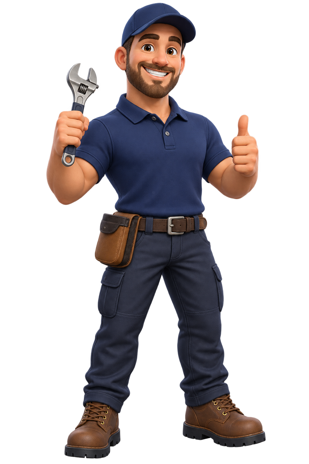 Friendly CJ BC Plumbing game character holding a wrench